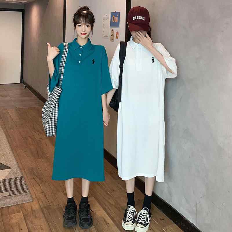 樂天商城 - カテゴリ Poloシャツ Tシャツワンピース レディース 半袖 刺繍 A字裙 膝丈 宽松 休闲 夏 綿100% カジュアル 通勤 OL 通勤用
