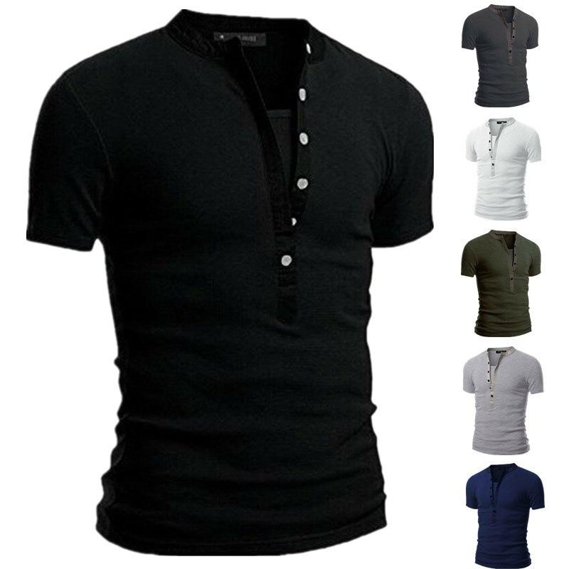 Tシャツ メンズ 半袖 Vネック 立領 黒 白 紺 深灰 浅灰 軍緑 カジュアル 通気性 时尚都市 青年 休闲 透气