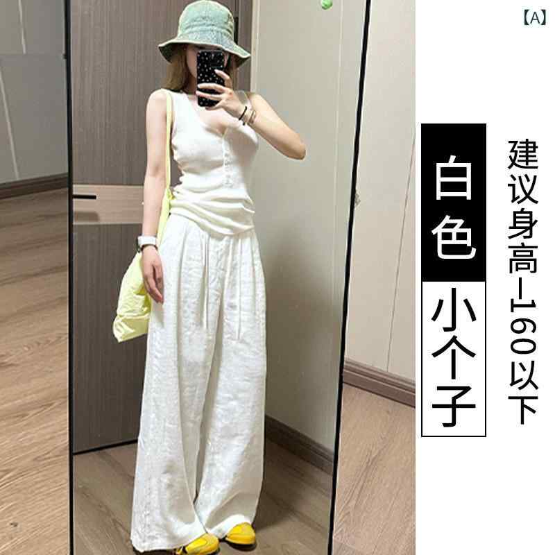 乐天商城 - パンツ レディース 綿麻 ワイドパンツ 白 ゆったり ハイウエスト 薄手合い 細身 慵懒 拖地裤 简约 薄手 通年 オールシーズン