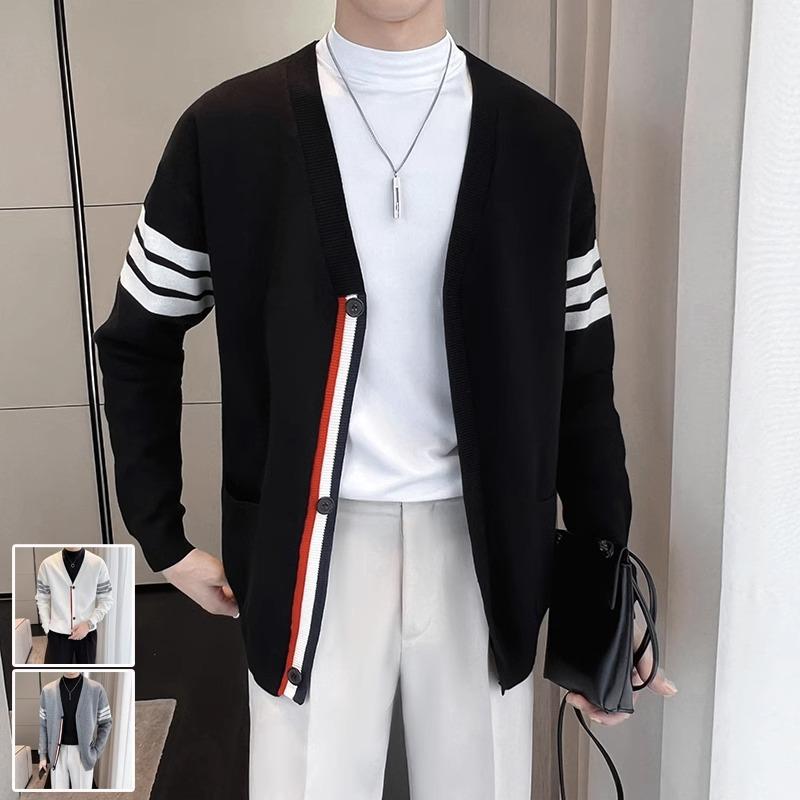 Rakuten - ニット カーディガン メンズ Vネック 紳士用 春秋 長袖 ジャケット 紳士服 ストライプ セーター アウター