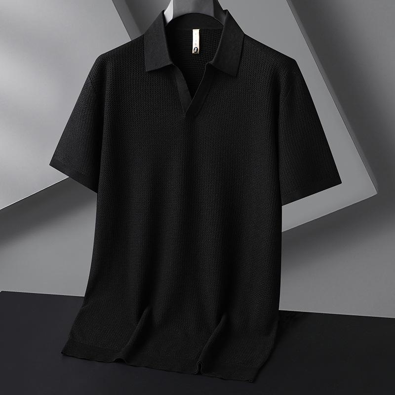 ニットTシャツ メンズ 半袖 薄手 短袖 夏 紳士用 宽松 翻领 桑蚕丝 浅藍 黒