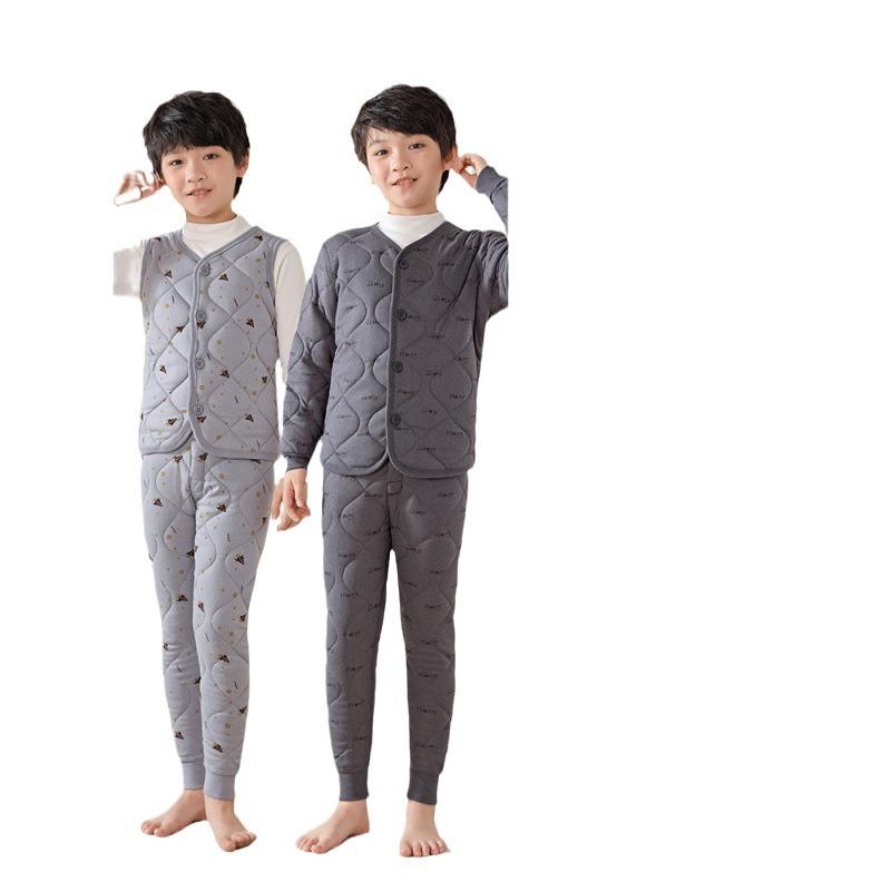 子供用 冬用 保暖 セットアップ Vネック 加厚 綿70%-80% {黒色|ブラック} {浅灰色|中灰色|黒灰色} {男の子 女の子}