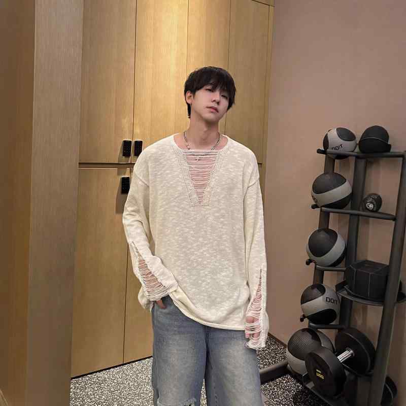 樂天商城 - ニット トップス メンズ レディース 長袖 薄手镂空 破洞 デザイン おしゃれ トレンド セーター カジュアル 伸縮性 通気性 ポリエステル ブラック 普段使い 春夏 秋 ブラック ベージュ