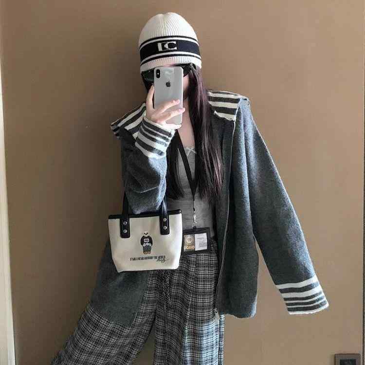 grey striped knit cardigan casual college style loose knit top spring autumn
