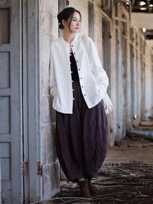 春季 棉麻 文艺 长袖 衬衫 女式 立领 砂洗