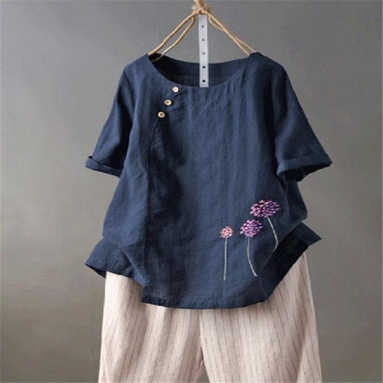 Rakuten - シャツ レディース 麻混 綿麻 刺繍 カジュアル ナチュラル系 レトロ調 宽松 上衣 短袖 圆领 禅意風