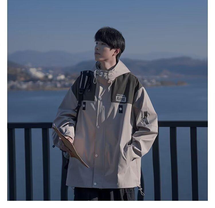 乐天商城 - カジュアルジャケット メンズ 春秋用 薄手 フード付き アメリカンレトロ 配色デザイン 山系 レイヤード風 アウター 男性用 オルターネイトデザイン 男性用 トップス アウター 普段使い 普段使い アウトドアライトグレー M L XL 2XL