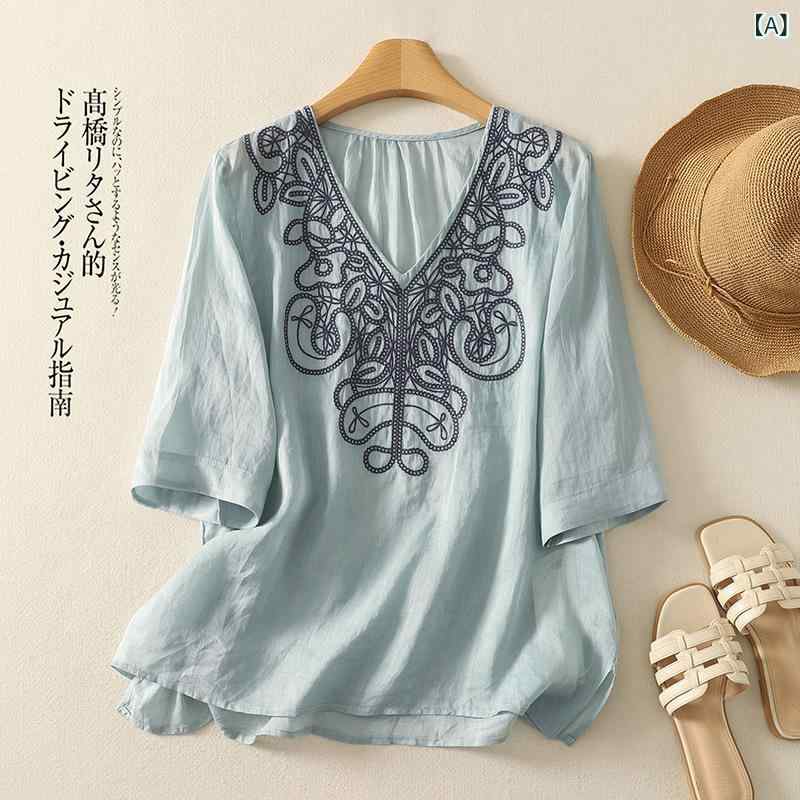 乐天商城 - シャツ Vネック 七分袖 綿麻 刺繡 文芸風 レディース 春夏 M L XL 2XL ブルー ピンク 麻色 アイボリー
