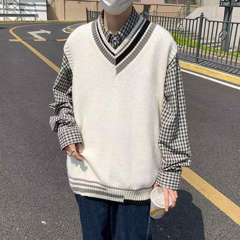 トップス メンズ Vネック ニットベスト 春秋 韓国風 おしゃれ ゆったり 学院風 ベージュ