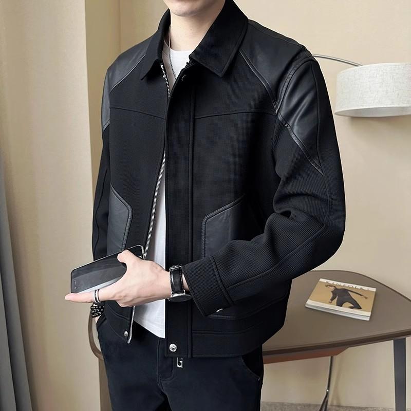 mens jacket casual knit splicing spring new fashion trend men's clothing leather jacket spring men's leather clothing