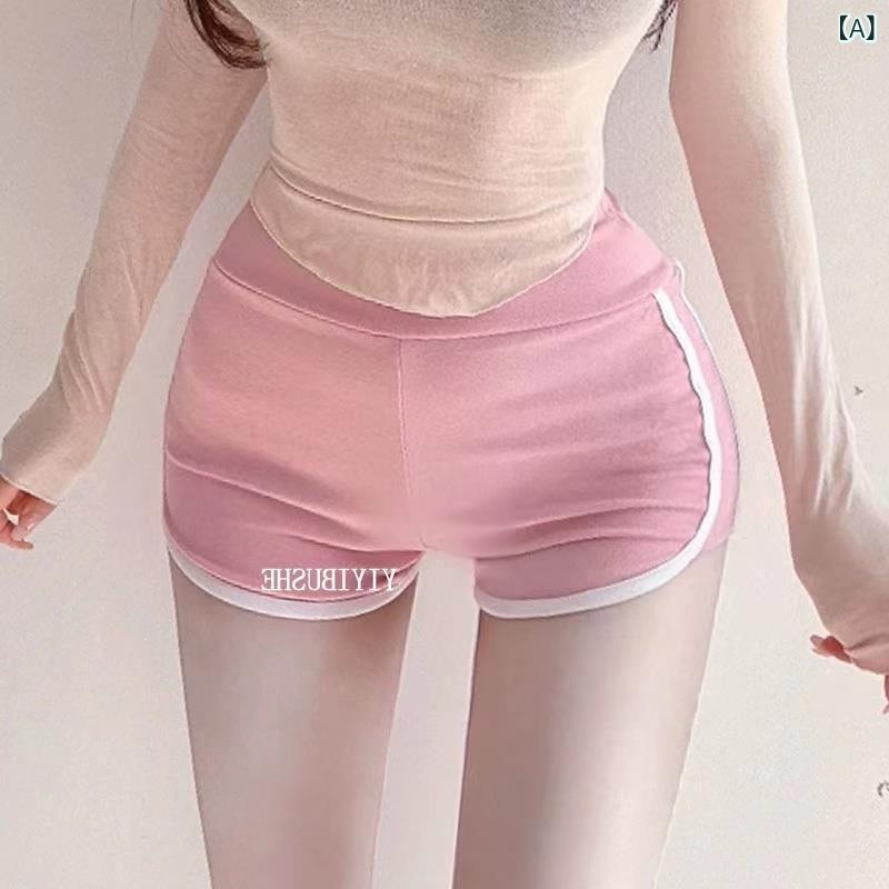 ショートパンツ レディース スポーティー カジュアル ハイウエスト タイト フィットネス トレーニング 運動 ヨガ 普段使い 部屋着 軽量 伸縮性 高弾力 綿混 ピンク 青 黒