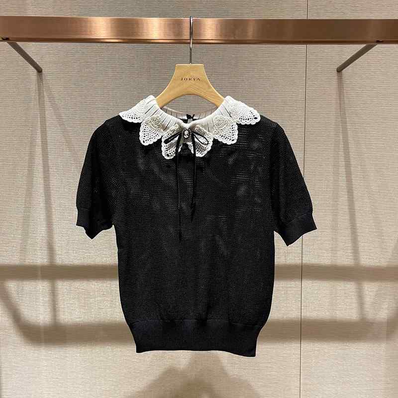トップス チュニック 黒色 蝴蝶结 短袖 薄款 针织衫 气质 通勤