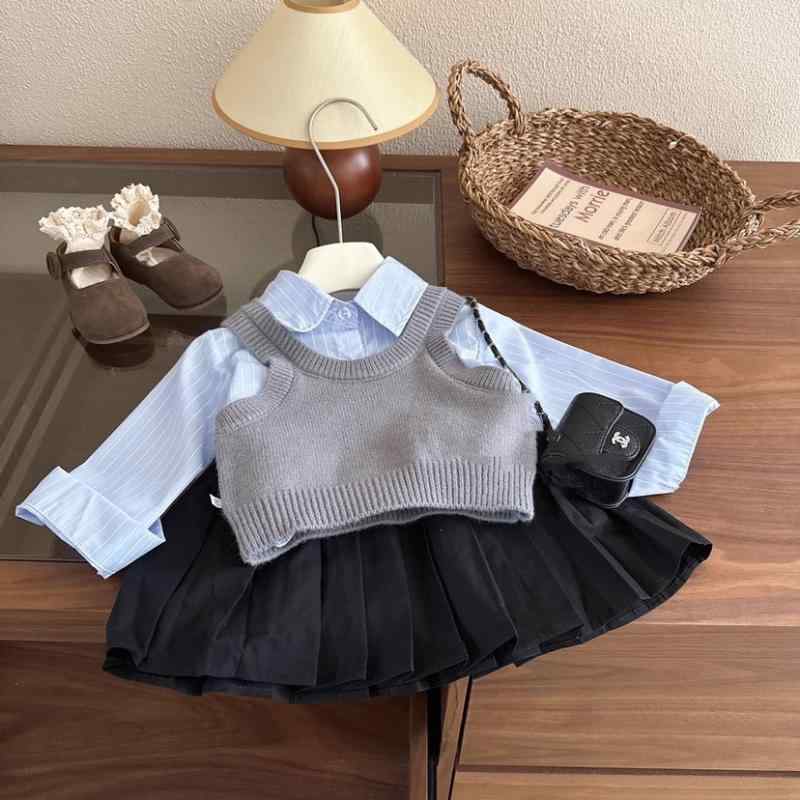 樂天商城 - 子供服 女の子 ニットベスト 青 ストライプ シャツ プリーツスカート 3点セット 秋物