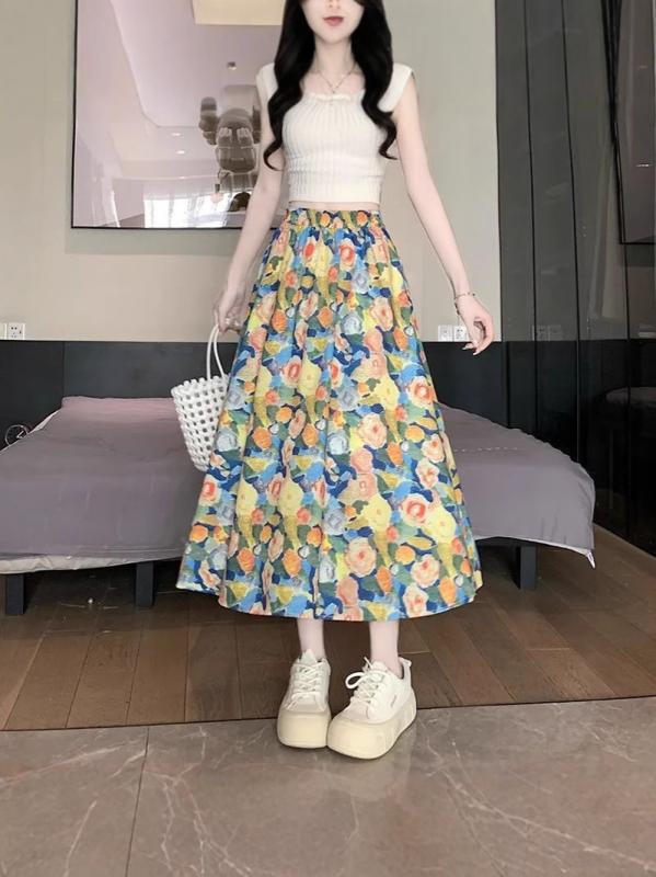 Aラインスカート 春夏 花柄 ミモレ丈 フレアスカート イエロー系 ピンク系