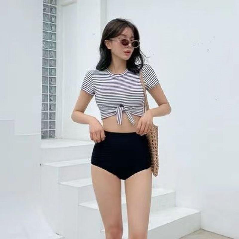 Two-Piece - 水着 レディース 半袖 ボーダー 分体 ハイウエスト 競泳水着 大人用 温泉水着