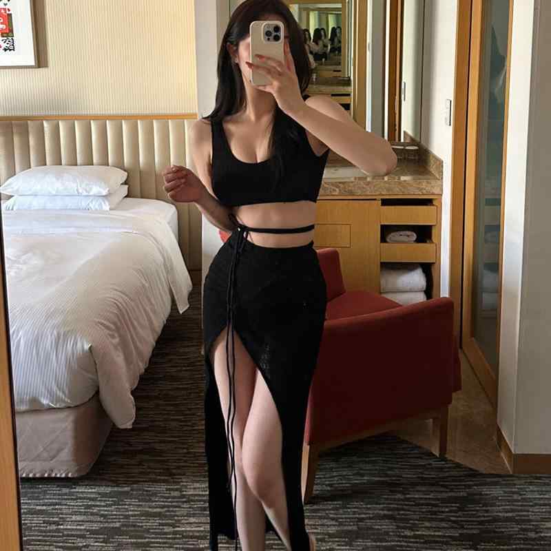 乐天商城 - 水着 レディース ビキニ セクシー 分体 スイムウェア 紐付き 半身スカート 黒 ミント系