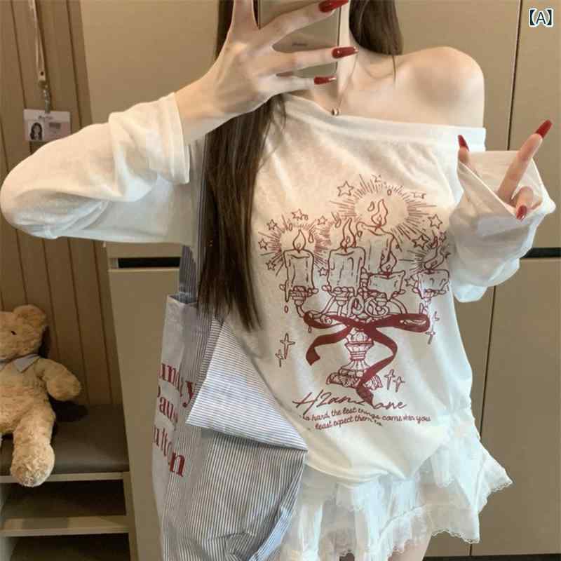 Rash Guards - トップス 白色 斜領 印花 寛鬆 長袖 防曬 罩衫 設計感 露肩 微透 抽繩 甜辣 上衣 女 夏 罩衫