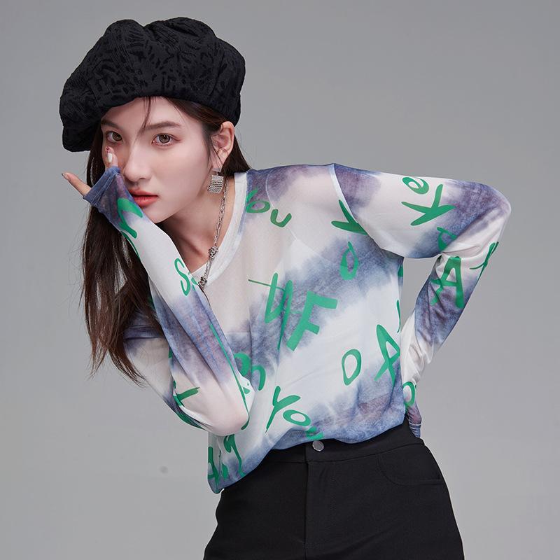 Tシャツ レディース 長袖 薄手 英字プリント アイスシルクTシャツ 通気性 日焼け止め スタイリッシュ camisetas mujer 韩国風トップス camisetas mujer mujer mujer camisetas ligeras esta