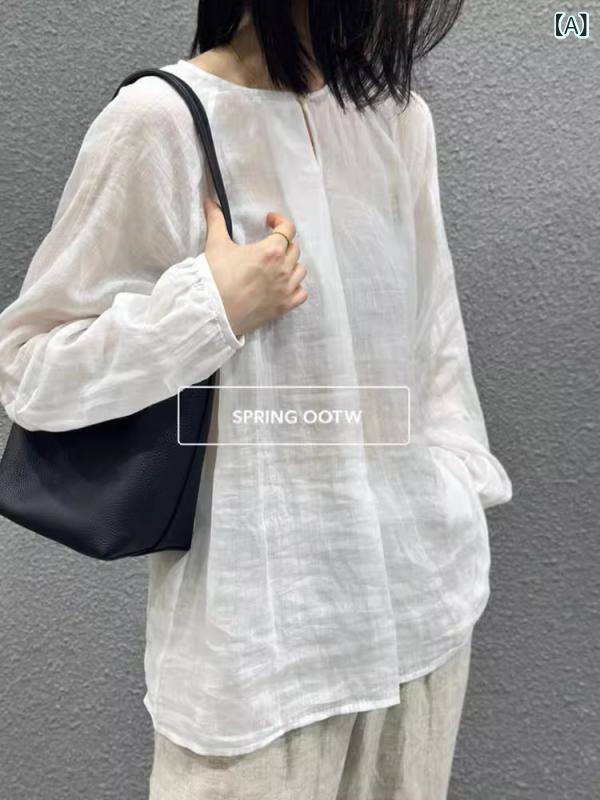 シャツ レディース 亜麻 スパンデックス ゆったり 長袖 春夏 カジュアル風 白