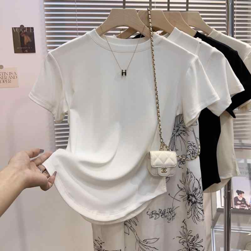 Tシャツ 短袖 修身 半高領 通勤風領 Tシャツ