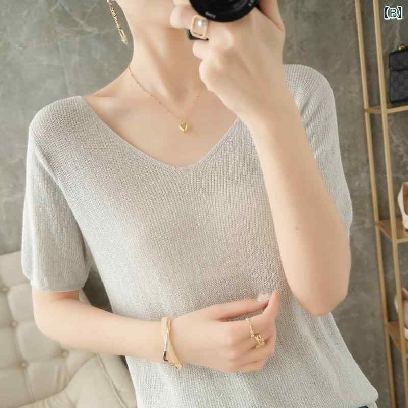 トップス Vネック Tシャツ 薄手 半袖 レディース 春夏用 アイスシルク 接触冷感 伸...