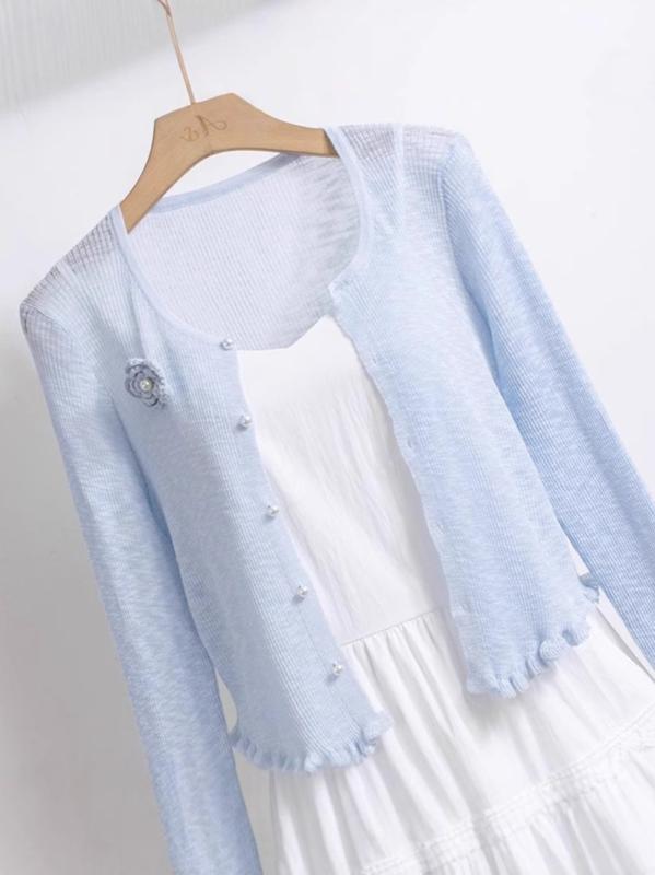 Rash Guards - トップス カーディガン 薄手 長袖 木耳边 防晒 花柄 ショート丈 フェミニン sweet style ホワイト ピンク系 アイスシルク 接触冷感 2025年夏物 レディース