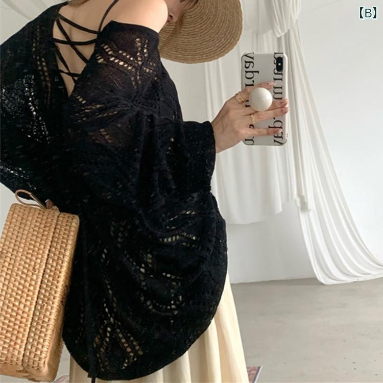ニット セーター レディース トップス 長袖 丸首 抽縄 透かし編み 宽松 甜美 薄手 ...