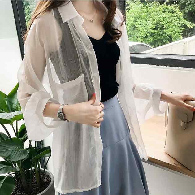 樂天商城 - トップス ストライプ 長袖 シャツ レディース シフォン素材 ゆったり カジュアル 日韓風 春夏用 紫外線対策 宽松型 POLO领 灯笼袖 2022年夏季新款 防晒衫 外套 22年夏 tipe elegante elegance elegance