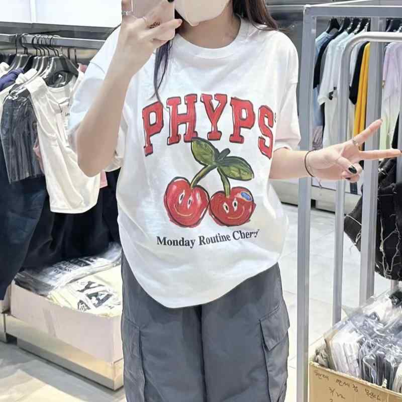 Tシャツ レディース 原宿風 桜柄 字母 グラフィック プリント 半袖 クルーネック 綿100% カジュアル スポーティー 春夏用 かわいい おしゃれ 女性用トップス 110文字以内