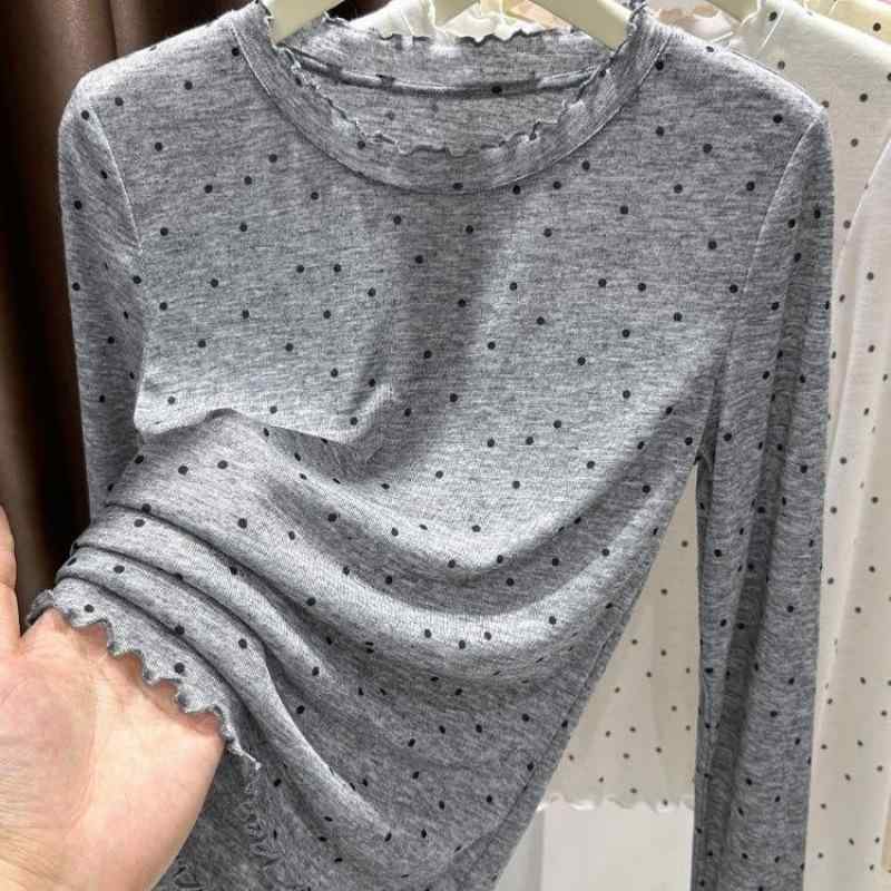 トップス ドット柄 Tシャツ 長袖 レディース 薄手 木耳フリル 丸首 ゆったり 接触冷感 吸湿速乾 通気性 伸縮性 カジュアル きれいめ 通勤 普段使い 春夏用 夏 秋 ホワイト グレー アイボリー
