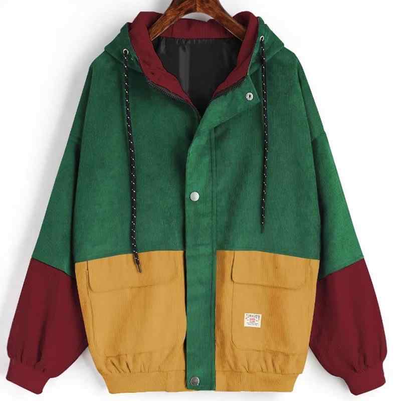 アウター 撞色 コーデュロイ フード付き ジャケット レディース イエロー 草緑湖青...