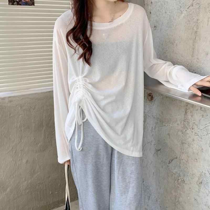トップス 薄手 接触冷感 抽绳 宽松 冰丝 长袖 Tシャツ 罩衫 沙滩衫 针织上衣 纯色 白色 藍 舒适休闲