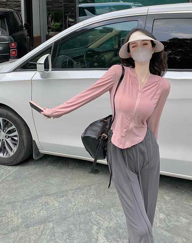 防晒服 女士 连帽 长袖 夏季 薄款 透气 舒适休闲 涤纶 氨纶 质感通勤 粉色 灰色 UPF50+ 通勤风衣UPF50+