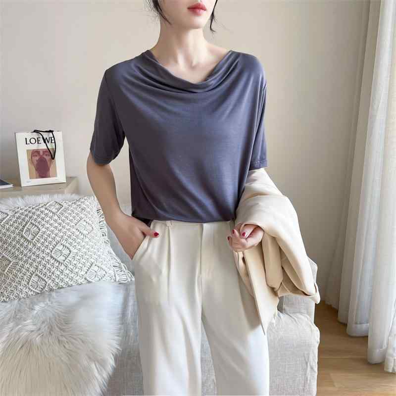 Ladies - トップス Tシャツ レディース 短袖 堆堆领 纯色 M L XL 莫代尔 亲肤 柔软 透气 通勤 气质 简约 夏季