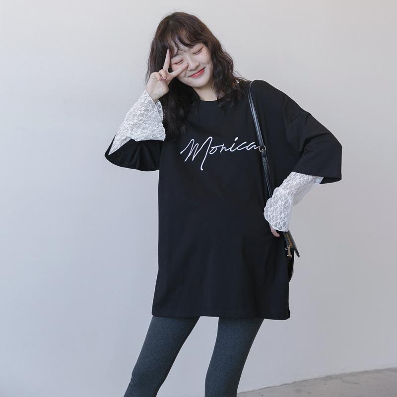 Rash Guards - Tシャツ 長袖 レディース 黒 白 刺しゅう 異素材切り替え ゆったり カジュアル 通勤 通学 春夏 大人 きれいめ 通勤 普段使い 綿混