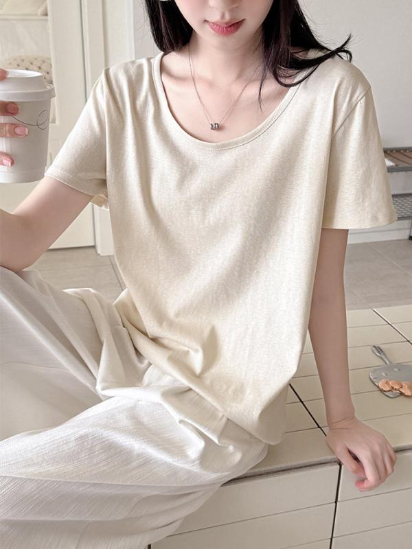 Tシャツ レディース Uネック 短袖 雪花棉 打底衫 トップス カジュアル 夏服