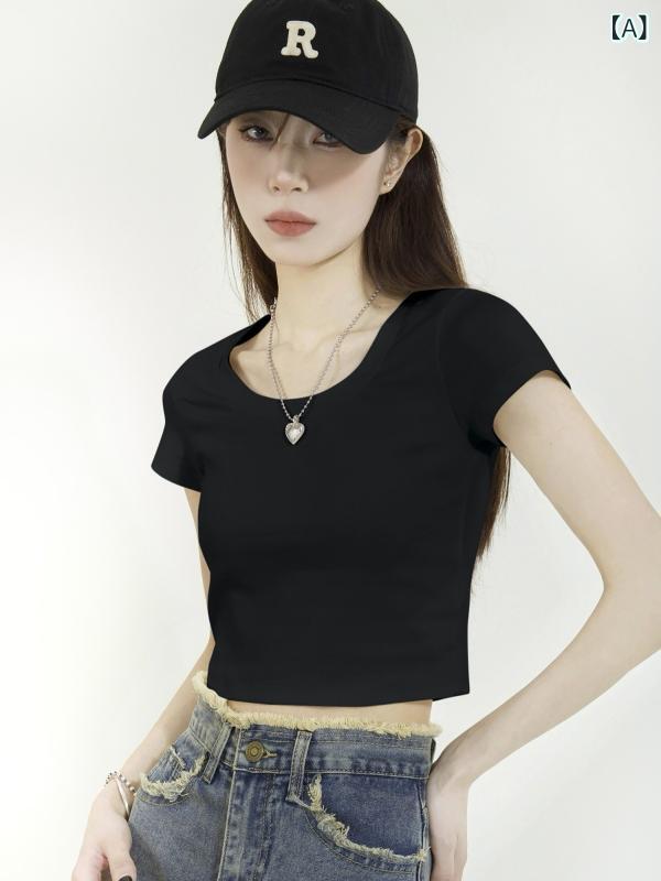 フォークBRのショート丈Tシャツ 黒 レディース 春夏 高身長 小柄｜アングル2