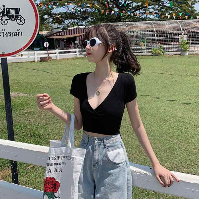 Rash Guards - トップス 半袖 tシャツ レディース Vネック ショート丈 韓国風 学生 かわいい 春夏 フェミニンディ風