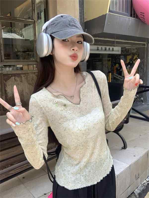 トップス Vネック 薄手 長袖Tシャツ レディース 純色 ボタン付き 大人ガーリー 清新感 伸縮性 M L XL