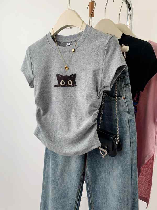 Tシャツ レディース グレー 猫柄 半袖 短め ゆったり 春夏 カジュアル