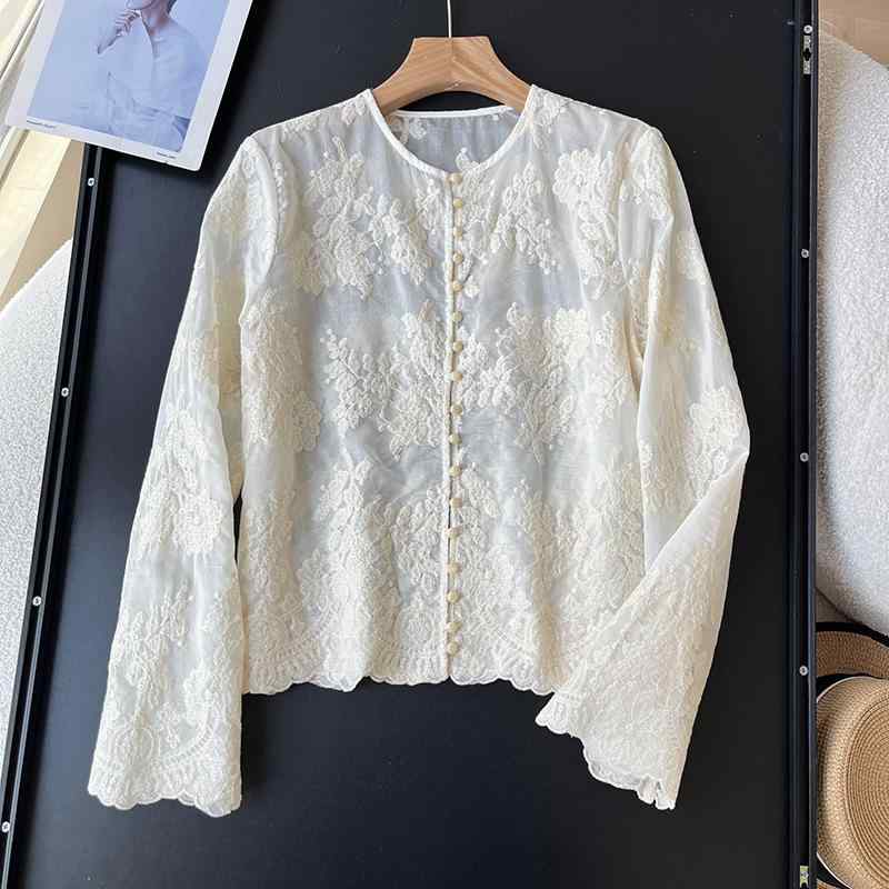 トップス シャツ レディース ブラウス 春夏 長袖 レース 刺繍 チャイナ風 フレンチスタイル クラシック フェミニン ガーリー カジュアル きれいめ 甜美清新 文芸复古 fork-br-10932273 フォークBR パッケージ画像