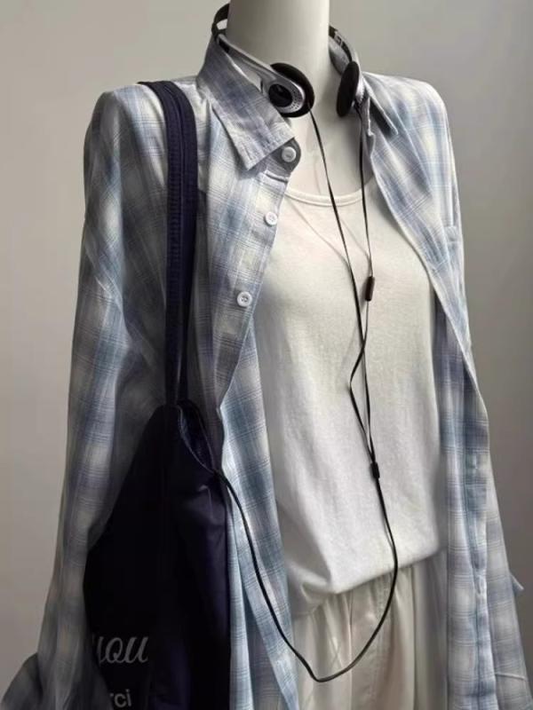 春夏 格子柄 シャツ レディース 長袖 レディース 宽松 慵懒风 外套 百搭 上衣 棉素材:棉 麻混 綿混