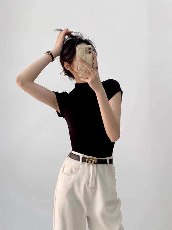 Tシャツ トップス レディース 薄手 法式 エレガント フェミニン 接触冷感 伸縮性 上質素材 綿素材 ハイネック 半袖 ハイネック 大人 かわいい きれいめ 上品 ナチュラル カジュアル 春夏用