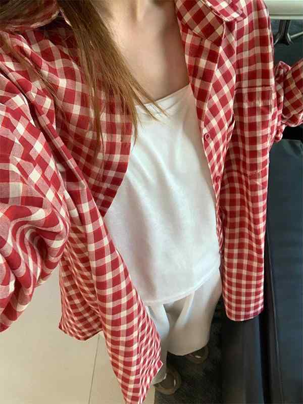 Rash Guards - 秋物 格子柄 シャツ レディース 長袖 赤系 カジュアル ゆったり 普段使い 部屋着 慵懒風 アウター ポロ襟 ポケット付きブラウス 普段使い 部屋着