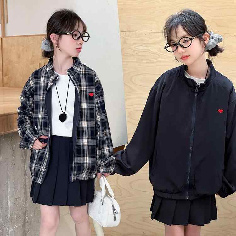 Rash Guards - 女児 格子 アウター 秋 ファッション ガールズ 韓国系 中大童 洋風 ハート柄 両面着用