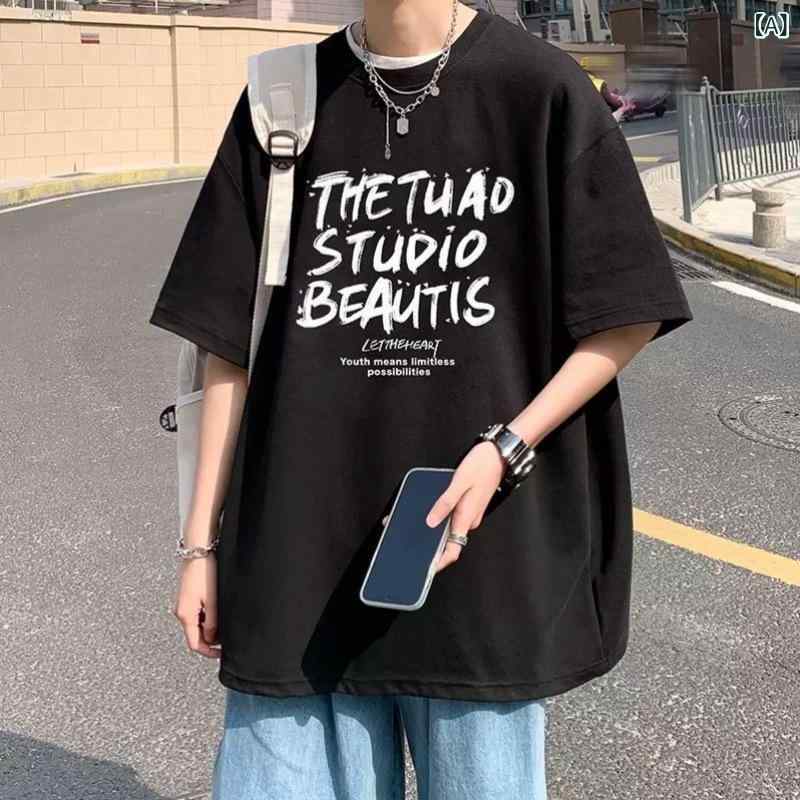 Tシャツ メンズ 半袖 夏服 トップス カジュアル アメカジ風 ゆったり 重ね着風 ゆったり 綿100% 幾何学柄 プリントTシャツ K65 黒 K65 白 K65 深灰 K65 K39 白 K39 黒 K39 深灰 K39 酒红 K39 藏藍 K73
