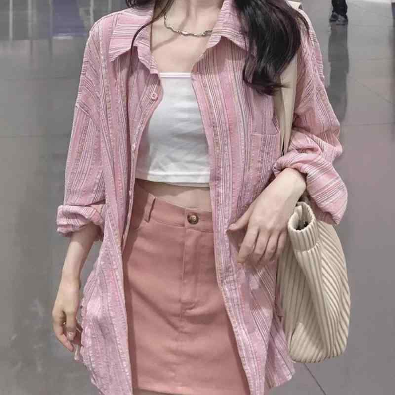 樂天商城 - ピンク ストライプ シャツ レディース トップス ブラウス 長袖 薄手 アウター デザイン 小众 秋服 通勤 オフィス カジュアル かわいい おしゃれ かわいい きれいめ 上品