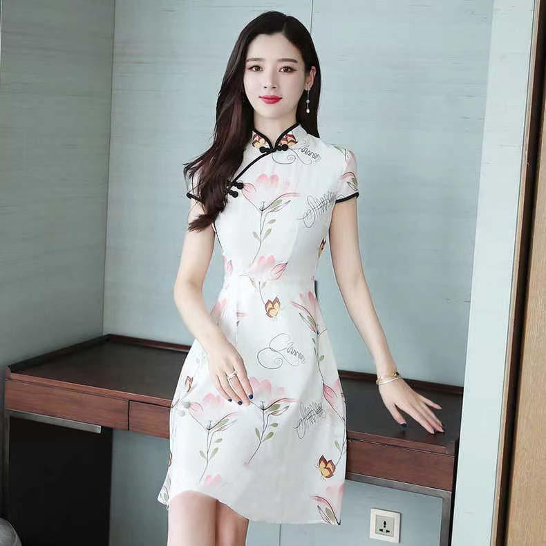 Rakuten - ワンピース A字裙 改良旗袍 短袖 盘扣 高腰 淑女气质 中国风 修身 显瘦 短裙 夏季 涤纶 花柄 印花 休闲風 舒适休闲