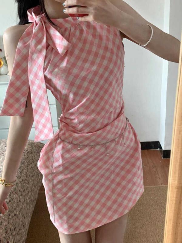 リボン付き ワンピース ノースリーブ ハイウエスト タイトスカート ミモレ丈 Vネック ギンガムチェック ピンク系 かわいい フェミニン系 清新甜美 スイートレンド カジュアルスタイル