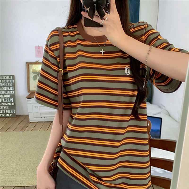 Rakuten - Tシャツ レディース ストライプ柄 レトロ ゆったり カジュアル 春夏用 接触冷感 吸湿速乾 綿 麻混